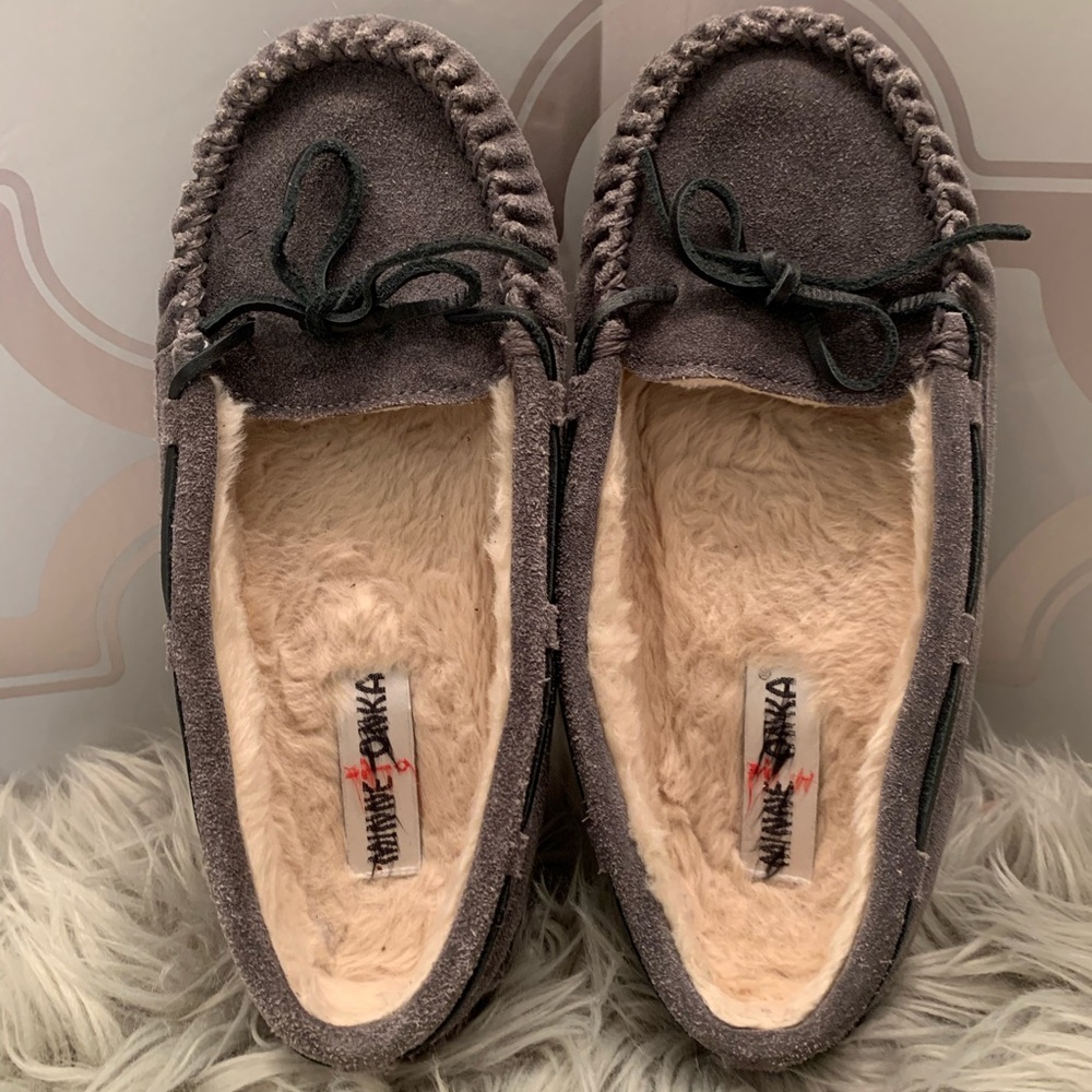 Grey suede leather minnetonka’s